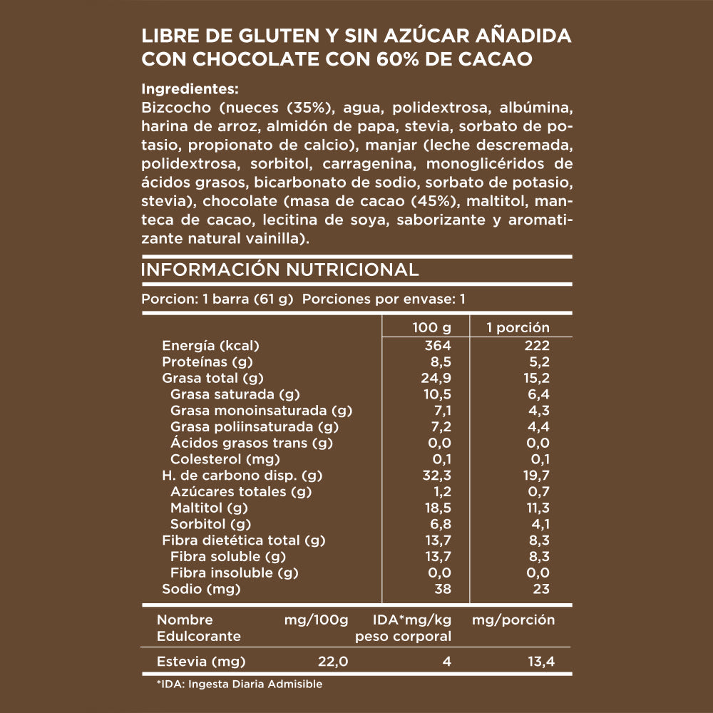 Barra nuez manjar chocolate bitter 61 grs